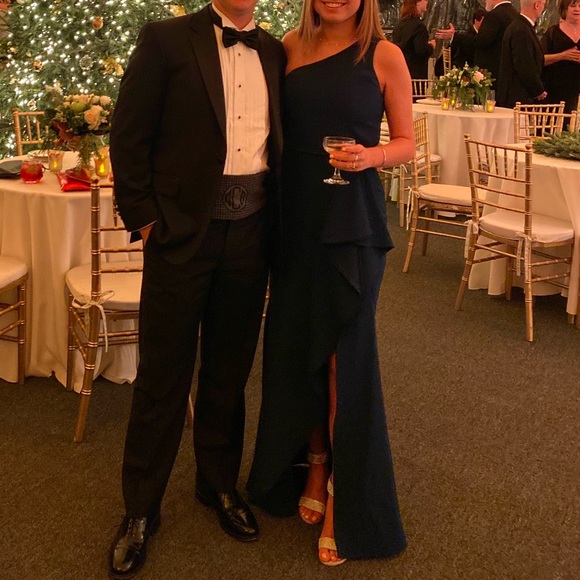 Aidan by Aidan Mattox One-Shoulder Draped High-Low Trumpet Gown - Picture 4 of 4